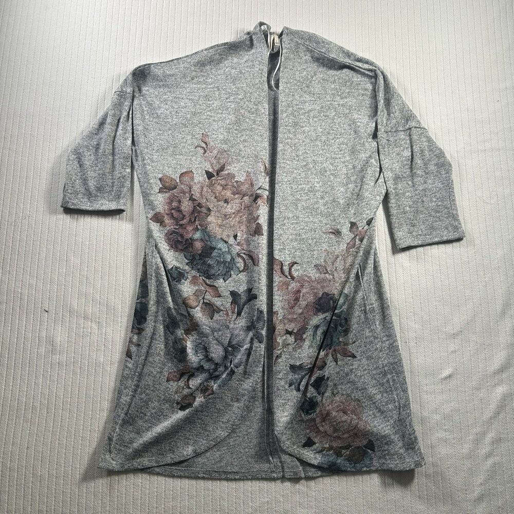 Live In The Moment Womens Large Gray Floral Open Front Cardigan Duster Boho